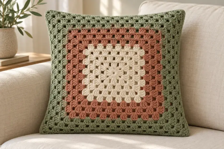 AI concept illustration of a single granny-square cushion in ivory, terracotta and sage