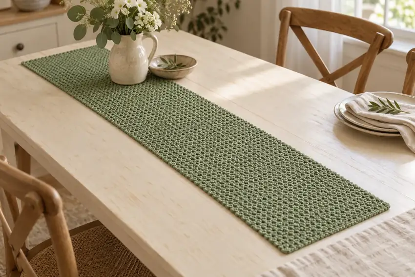 AI concept illustration for Moss Stitch Table Runner — a Quiet Sage Centerpiece